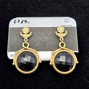 1928 Gold‎ Tone Cherub Post Earrings Black Stone Angels Victorian NEW